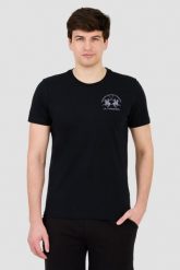 LA MARTINA Czarny t-shirt z dużym logo. Czarne t-shirty męskie La Martina, m, bez wzorów, bez kołnierzyka. W wyprzedaży za 199.99 zł.