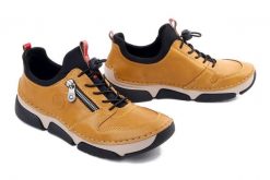 Rieker 45951-68 yellow, półbuty damskie. Żółte półbuty damskie Rieker, bez wzorów, ze skóry ekologicznej, bez obcasa. Za 379.90 zł.