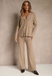 Beżowy Komplet z Dzianiny z Wiskozą Kardigan i Spodnie z Gumką Badrine. Brązowe spodnie materiałowe damskie Renee, z aplikacjami, z dzianiny, eleganckie. Za 189.99 zł.