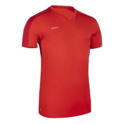 Koszulka piłkarska z krótkim rękawem Kipsta Essential. Niebieskie bluzki damskie KIPSTA, l, bez wzorów, z materiału, bez kołnierzyka. Za 29.99 zł.