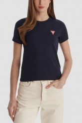 GUESS Granatowy damski t-shirt na krótki rękaw Crew Neck Mini Triangle, Rozmiar L. Niebieskie t-shirty damskie Guess, l, z aplikacjami, bez kołnierzyka. W wyprzedaży za 99.99 zł.