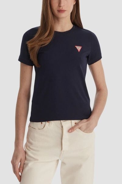 GUESS Granatowy damski t-shirt na krótki rękaw Crew Neck Mini Triangle, Rozmiar L. Niebieskie t-shirty damskie Guess, l, z aplikacjami, bez kołnierzyka. W wyprzedaży za 99.99 zł.