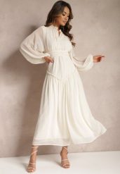 Jasnobeżowa Elegancka Sukienka w Stylu Vintage z Powlekanymi Guzikami i Marszczeniami Lefandia. Brązowe sukienki damskie Renee, na imprezę, l, bez wzorów, eleganckie, bez kołnierzyka, bez ramiączek, maxi. W wyprzedaży za 118.99 zł.
