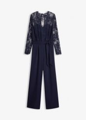 Kombinezon z koronką. Niebieskie kombinezony damskie bonprix, bez wzorów, z koronki, eleganckie, bez kołnierzyka, bez ramiączek. Za 219.99 zł.