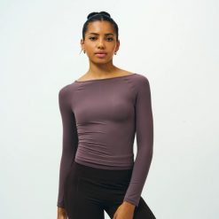 Koszulka do pilatesu damska Domyos długi rękaw. Brązowe bluzki sportowe damskie DOMYOS, m, bez wzorów, z materiału, bez ramiączek. Za 119.99 zł.