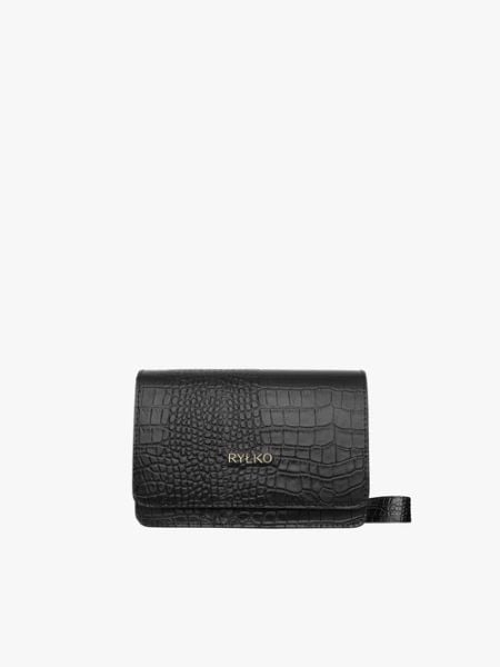 Elegancka czarna torebka w zwierzęcy deseń. Czarne torebki klasyczne damskie Ryłko, bez wzorów, ze skóry, małe, bez dodatków. Za 299.99 zł.