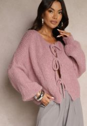 Różowy Kardigan z Wełną o Kroju Oversize z Wiązanymi Kokardami Elearina. Czerwone kardigany damskie Renee, bez wzorów, z jeansu. Za 139.99 zł.