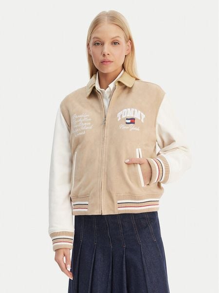 Tommy Jeans Kurtka skórzana Suede Varsity DW0DW22769 Beżowy Regular Fit. Brązowe kurtki damskie Tommy Jeans, xs, bez wzorów, z jeansu, bez kaptura. Za 1,614.99 zł.