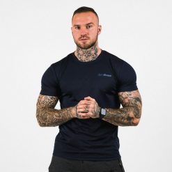 Koszulka męska fitness krótki rękaw granatowa TRN. Niebieskie t-shirty sportowe męskie GYMBEAM, l, z materiału, bez ramiączek, do biegania. Za 68.90 zł.