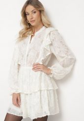 Jasnobeżowa Rozkloszowana Sukienka Ozdobiona Falbankami z Gumką w Pasie Zinaviya. Brązowe sukienki damskie Born2be, na co dzień, l, bez wzorów, eleganckie, bez kołnierzyka, bez ramiączek, mini, proste. W wyprzedaży za 135.99 zł.