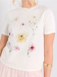 Koszulka z nadrukiem kwiatowym - kremowy. Białe t-shirty damskie Sinsay, l, bez wzorów, bez kołnierzyka. Za 29.99 zł.