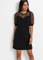 Sukienka mini. Czarne sukienki damskie bonprix, bez wzorów, z koronki, eleganckie, bez kołnierzyka, bez ramiączek, mini. Za 122.99 zł.