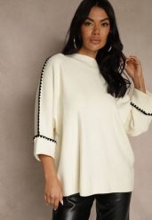 Jasnobeżowy Sweter Ozdobiony Lamówką na Rękawach Tusenna. Brązowe swetry klasyczne damskie Renee, z jeansu, bez kołnierzyka. Za 89.99 zł.