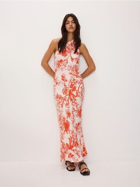 Sukienka maxi z nadrukiem - wielobarwny. Sukienki damskie Reserved, l, bez wzorów, z tkaniny, bez kołnierzyka, bez ramiączek, maxi, dopasowane. W wyprzedaży za 69.99 zł.