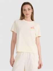 4F T-shirt oversize z nadrukiem damski - beżowy L. Brązowe t-shirty damskie 4f, l, bez wzorów, z bawełny, bez kołnierzyka. W wyprzedaży za 39.99 zł.