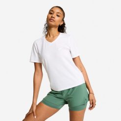 Koszulka fitness damska dekolt V. Białe bluzki damskie Decathlon, xl, bez wzorów, z bawełny, bez ramiączek. Za 44.99 zł.