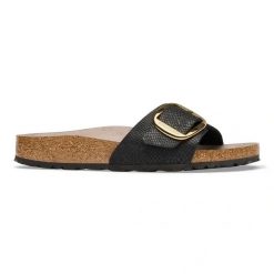 Birkenstock Madrid BB SYN Python Black Klapki damskie. Czarne klapki damskie Birkenstock, bez wzorów, z jeansu, bez obcasa. Za 399.99 zł.
