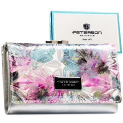 Wielokolorowy portfel damski ze skóry ekologicznej i naturalnej zamykany na bigiel i zatrzask PTN PX23-1-NPK Peterson. Czerwone portfele damskie bez wzorów, ze skóry ekologicznej. Za 119.99 zł.