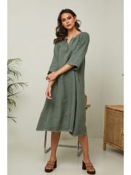 Joséfine Lniana sukienka "Granael" w kolorze oliwkowym rozmiar: XL. Brązowe sukienki damskie Joséfine, na co dzień, xl, bez wzorów, ze lnu, bez kołnierzyka, bez ramiączek, midi, proste. Za 195.99 zł.