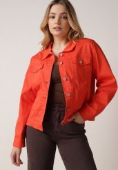 Pomarańczowa Bawełniana Kurtka Jeansowa Perimea. Brązowe kurtki damskie Born2be, l, bez wzorów, z bawełny, bez kaptura. Za 139.99 zł.