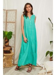 Lin Passion Lniana sukienka w kolorze turkusowym rozmiar: 34/36. Niebieskie sukienki damskie Lin Passion, bez wzorów, ze lnu, klasyczne, bez kołnierzyka, bez ramiączek, maxi, rozkloszowane. Za 173.99 zł.