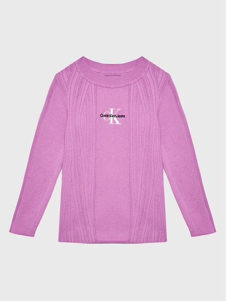 Calvin Klein Jeans Sweter IG0IG01898 Fioletowy Slim Fit. Fioletowe spodnie dziewczęce Calvin Klein Jeans, bez wzorów, z bawełny, bez kołnierzyka. Za 199.99 zł.