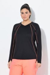Damskie Koszula funkcyjna LSF 50+ slim dekolt w szpic długie rękawy. Czarne koszule damskie Ulla Popken, plus size, bez wzorów, z elastanu, bez kołnierzyka, plus size, bez ramiączek. Za 239.99 zł.