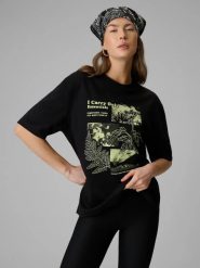 T-shirt loose z nadrukiem damski 4F 4FRSS26TTSHF3705. Czarne t-shirty damskie 4f, l, bez wzorów, z bawełny, bez kołnierzyka. Za 45.99 zł.