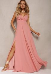 Ciemnoróżowa Elegancka Sukienka o Rozkloszowanym Kroju z Rozcięciem na Ramiączkach z Kopertowym Dekoltem Winelia. Czerwone sukienki damskie Renee, l, bez wzorów, eleganckie, bez kołnierzyka, bez ramiączek, maxi, kopertowe. W wyprzedaży za 167.99 zł.