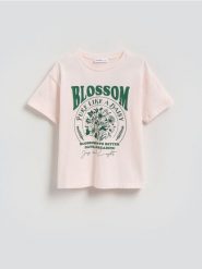 Luźny t-shirt z nadrukiem - beżowy. Brązowe koszulki dziewczęce Reserved, bez wzorów, z bawełny, bez ramiączek. Za 39.99 zł.