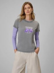 T-shirt regular z nadrukiem damski 4F 4FRSS26TTSHF4513. Szare t-shirty damskie 4f, m, bez wzorów, z bawełny, bez kołnierzyka. Za 79.99 zł.