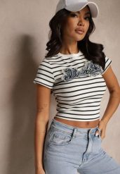 Niebiesko-Biały Bawełniany T-shirt w Paski Ozdobiony Napisem na Naszywce z Jeansu Eviola. Niebieskie t-shirty damskie Renee, m, z aplikacjami, z bawełny, bez kołnierzyka. Za 54.99 zł.