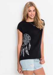 T-shirt z nadrukiem. Czarne t-shirty damskie bonprix, bez wzorów, bez kołnierzyka. Za 64.99 zł.