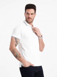 Koszulka męska polo z dzianiny pique bez guzików - biała V1 OM-POSS-0110 - XXL. Białe koszulki polo męskie Ombre Clothing, l, z aplikacjami, z bawełny, bez ramiączek. W wyprzedaży za 39.99 zł.