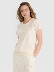 4F T-shirt regular z nadrukiem damski - beżowy L. Brązowe t-shirty damskie 4f, l, bez wzorów, z bawełny, bez kołnierzyka. W wyprzedaży za 39.99 zł.