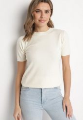 Jasnobeżowy Sweter z Ozdobnymi Ściągaczami Sanarella. Brązowe swetry klasyczne damskie Born2be, uniwersalny, z jeansu, bez kołnierzyka. Za 39.99 zł.