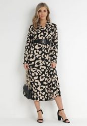 Czarna Sukienka Koszulowa w Cętki z Paskiem Kalandra. Czarne sukienki damskie Born2be, do pracy, l, bez wzorów, z materiału, biznesowe, bez kołnierzyka, bez ramiączek, koszulowe. Za 119.99 zł.