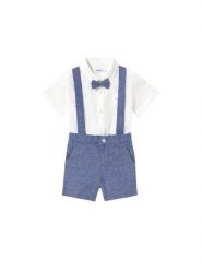 Mayoral Komplet koszula i szorty materiałowe 1226 Błękitny Regular Fit. Niebieskie koszule chłopięce Mayoral, bez wzorów, z bawełny, bez kołnierzyka, bez ramiączek. Za 199.99 zł.