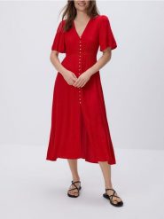 Sukienka midi - czerwony. Czerwone sukienki damskie Reserved, na co dzień, l, bez wzorów, z tkaniny, bez kołnierzyka, bez ramiączek, midi, proste. Za 139.99 zł.