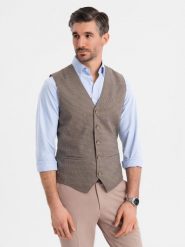 Żakardowa kamizelka męska casual bez klap - brązowa V1 - Rozmiar: XL. Brązowe kamizelki męskie Ombre Clothing, m, z poliesteru. W wyprzedaży za 139.99 zł.