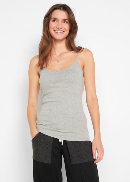 Bawełniany top na cienkich ramiączkach (3 szt.). Białe topy damskie bonprix, bez wzorów, z bawełny, bez kołnierzyka. Za 69.99 zł.