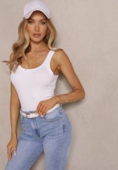 Biały Top na Ramiączkach z Prążkowanego Materiału z Bawełny Zaliena. Białe topy damskie Renee, m, bez wzorów, z bawełny, bez kołnierzyka. Za 39.99 zł.