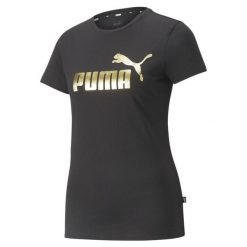 Damska koszulka z metalicznym logo Essentials+ PUMA Black Gold Foil. Czarne bluzki damskie Puma, s, bez wzorów, eleganckie, bez kołnierzyka, bez ramiączek. Za 136.00 zł.