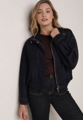 Granatowa Jeansowa Kurtka Przejściowa z Bawełny o Kroju Bombki z Kołnierzykiem Jotima. Niebieskie kurtki damskie Born2be, m, bez wzorów, z bawełny, bez kaptura. Za 169.99 zł.