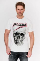 PHILIPP PLEIN Biały t-shirt męski Platinum cut round neck space plein. Białe t-shirty męskie Philipp Plein, l, z aplikacjami, prążkowane, bez kołnierzyka. W wyprzedaży za 799.99 zł.