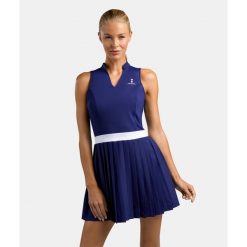 Sukienka Elegancja - Granatowa. Niebieskie sukienki damskie NORDICDOTS, l, bez wzorów, z materiału, eleganckie, bez kołnierzyka, bez ramiączek, sportowe. Za 405.00 zł.