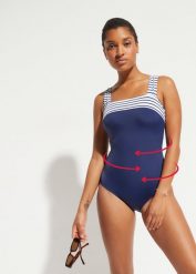 Kostium kąpielowy shape, średni stopień modelowania sylwetki, na szerokich ramiączkach. Niebieskie stroje jednoczęściowe damskie bonprix, bez wzorów. Za 134.99 zł.