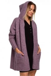 Kardigan oversize z wełną i obszernym kapturem wąskie rękawy wrzos. Kardigany damskie Polskie swetry, l, bez wzorów, z materiału. Za 289.00 zł.