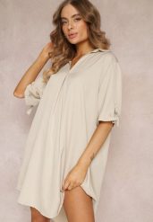 Jasnobeżowa Pudełkowa Sukienka Oversize z Kołnierzykiem Zaya. Brązowe sukienki damskie Renee, bez wzorów, bez kołnierzyka, bez ramiączek, mini, oversize. W wyprzedaży za 62.99 zł.