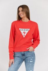 GUESS Czerwona damska bluza z dużym logo Original Fleece. Czerwone bluzy bez kaptura damskie Guess, s, z bawełny. W wyprzedaży za 251.99 zł.